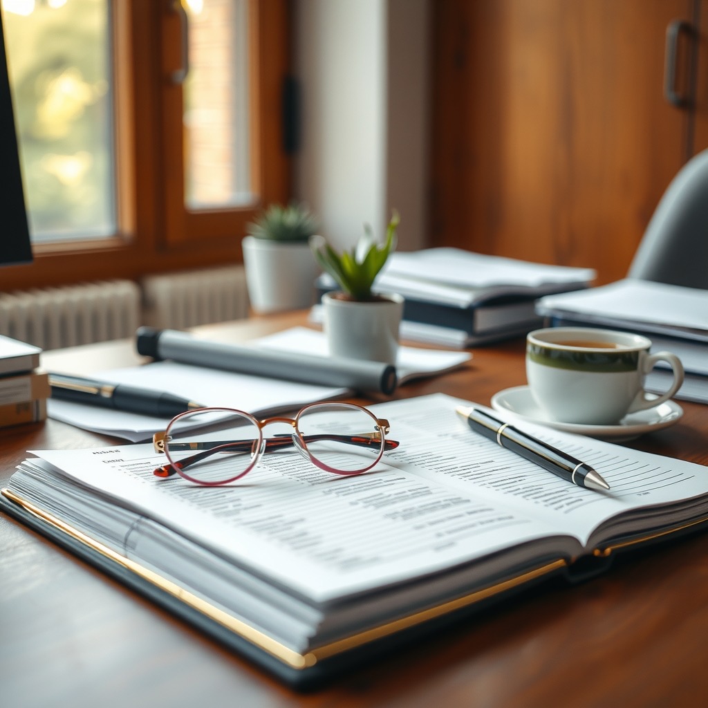 A tidy desk, an open ledger