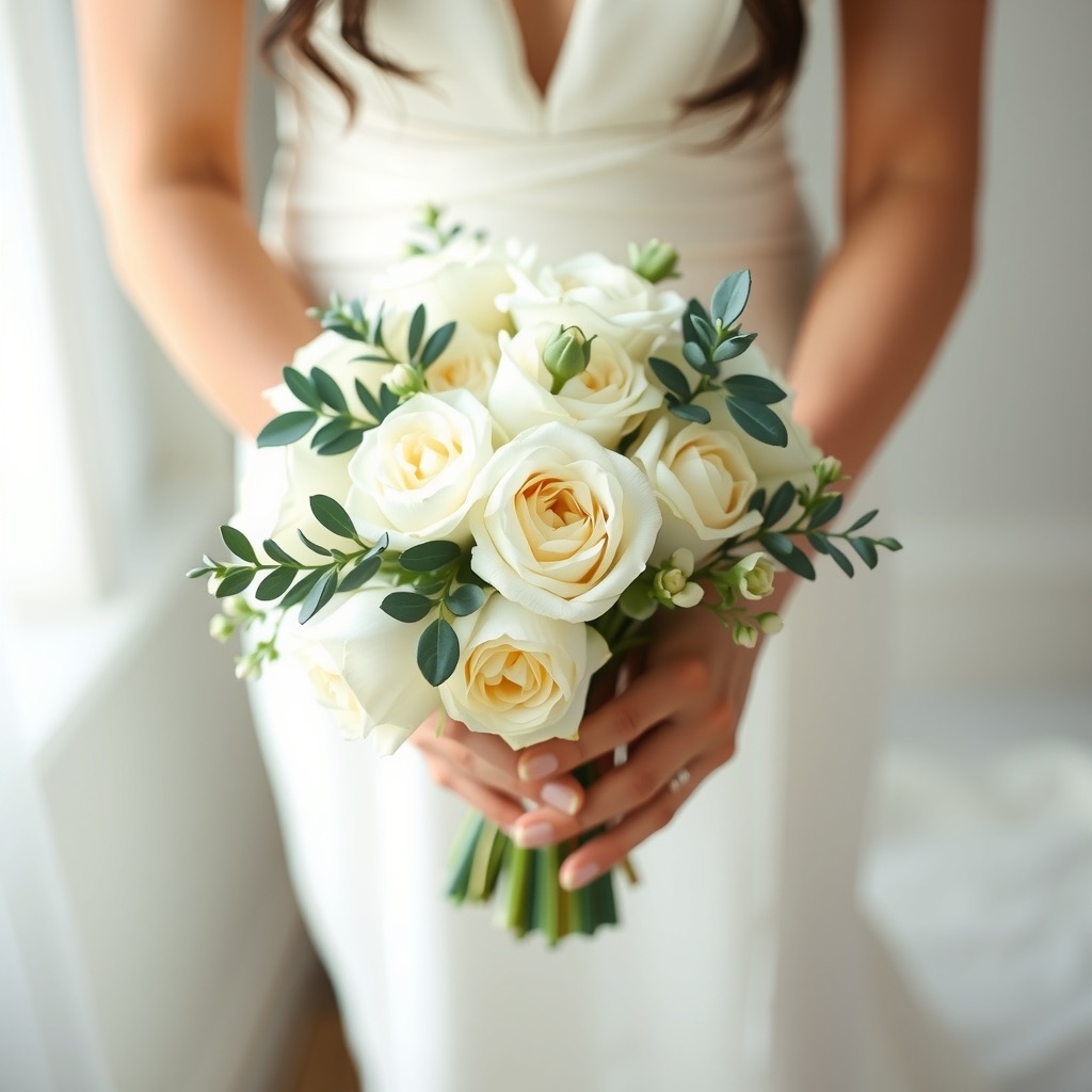 Bridal bouquet held in soft light