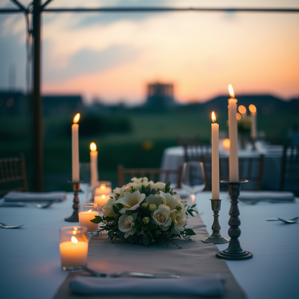 Candlelit reception table at dusk