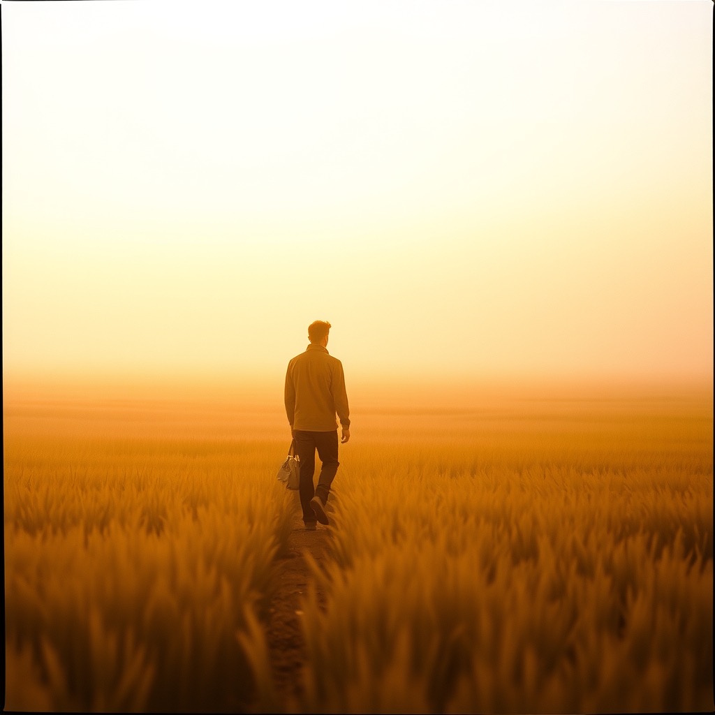 Figure walking through a misty field at dawn