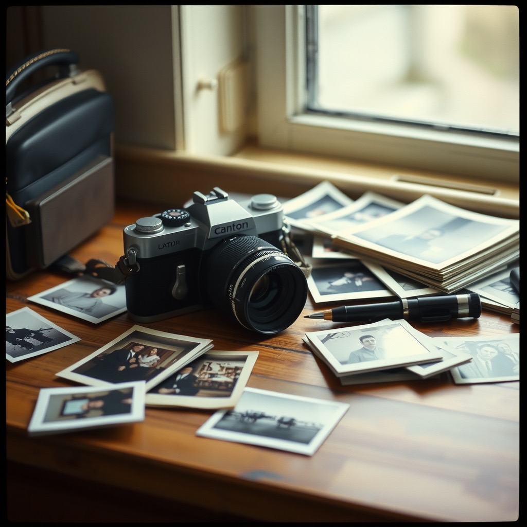 On the desk: film camera and contact sheets
