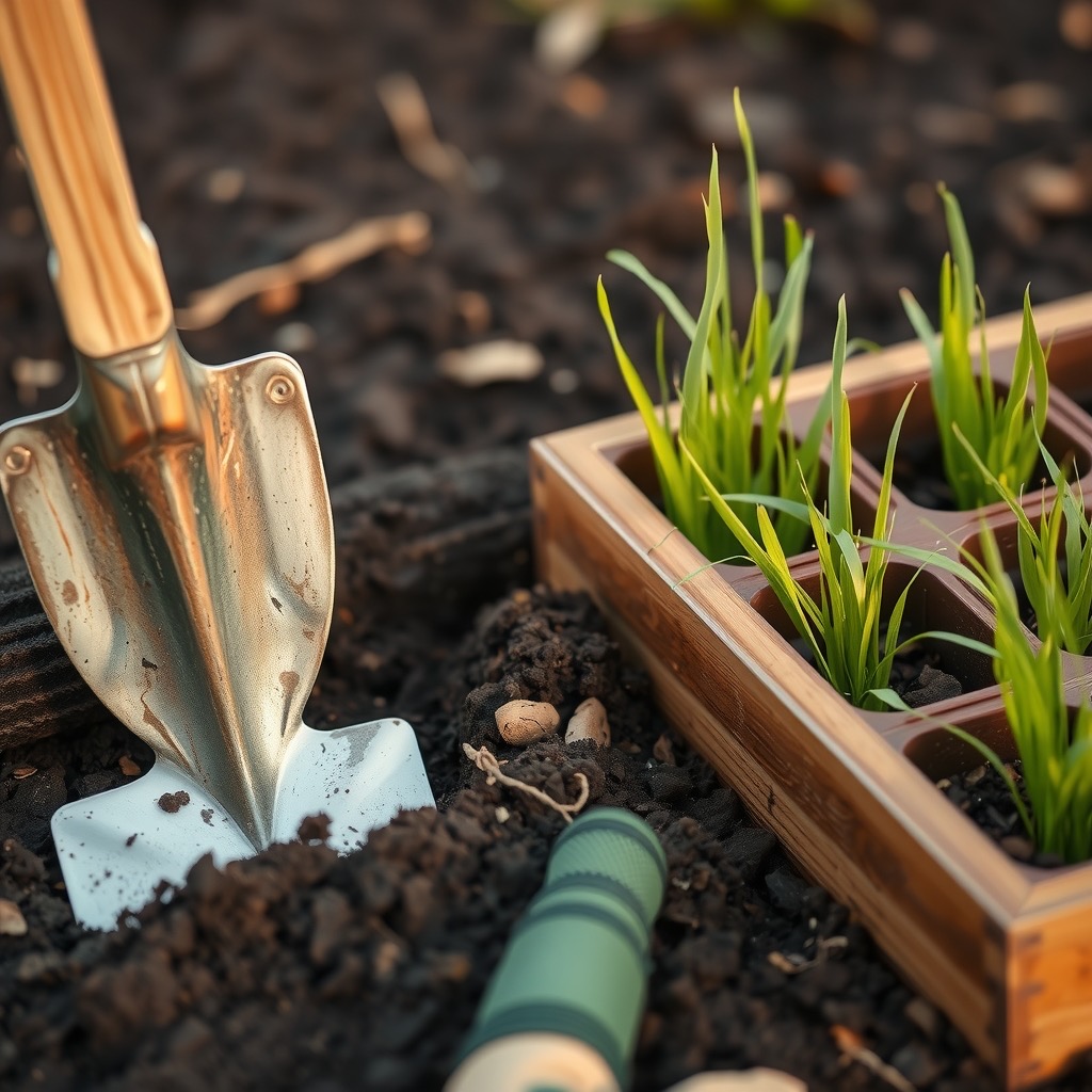 A spade turning dark soil beside a tray of native plants