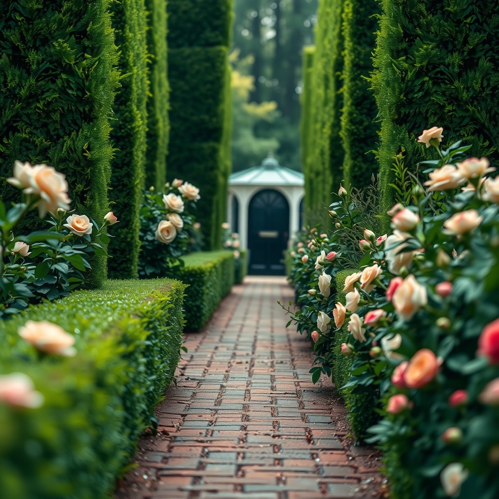 The brick path between the garden borders