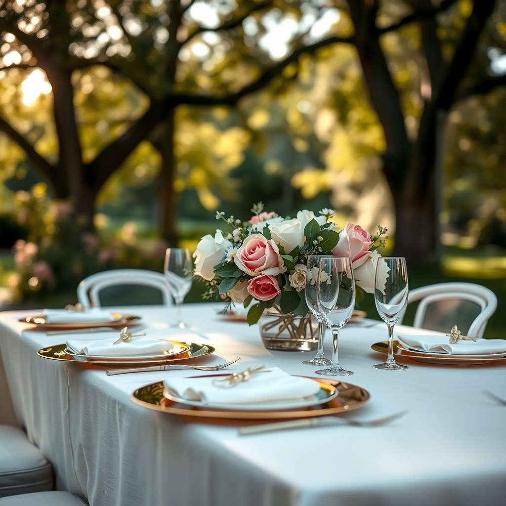 A set dinner table in the garden, roses at the center, afternoon light