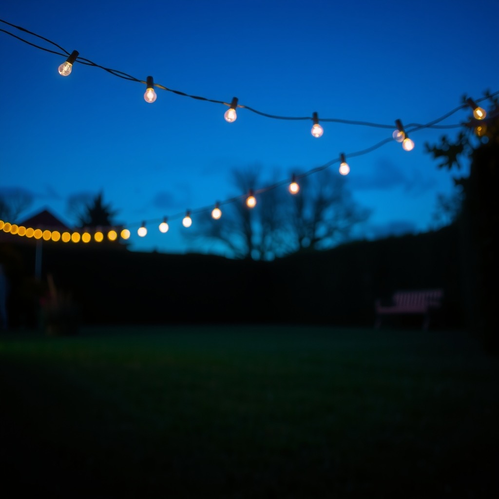 String lights over the garden at dusk