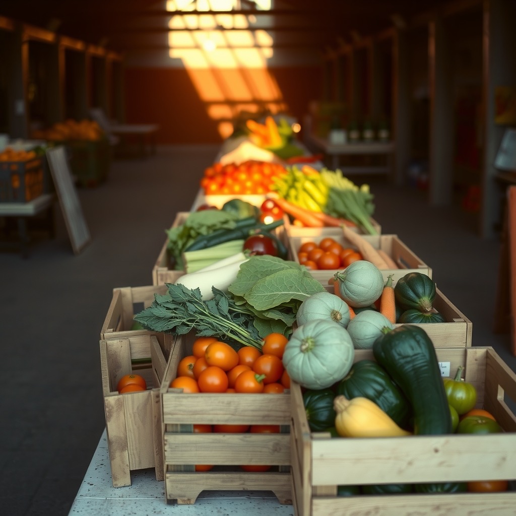 Crates overflowing with fresh vegetables on the pantry table