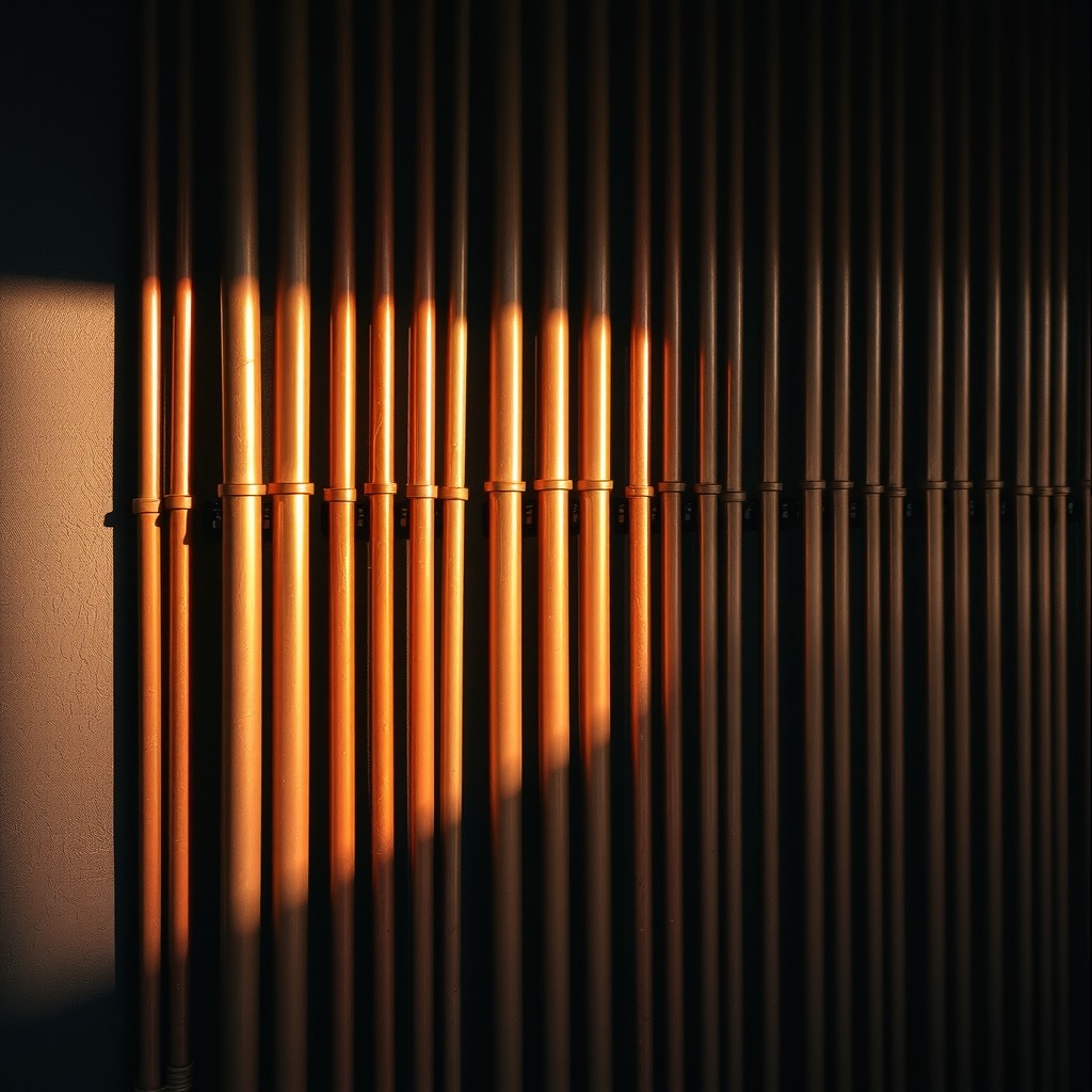 Copper pipes catching evening light