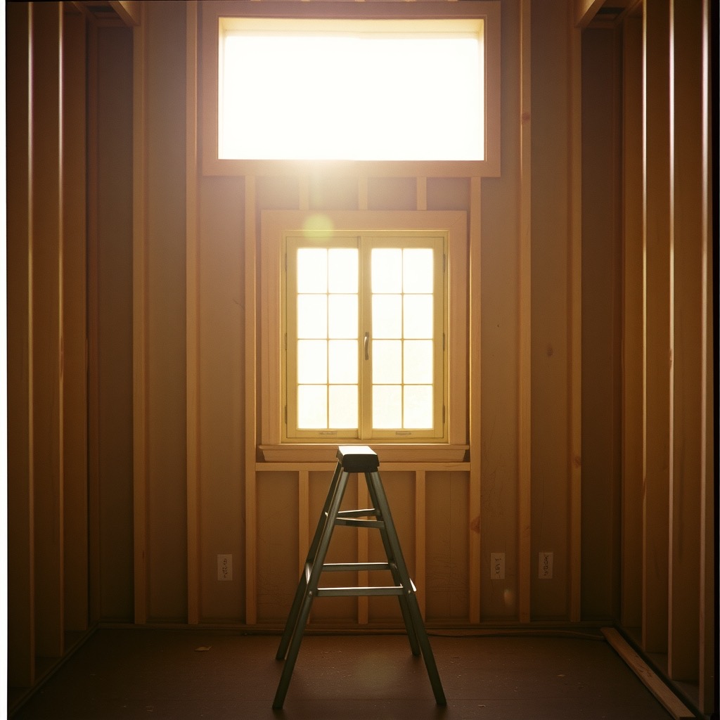 A room mid-renovation in evening light