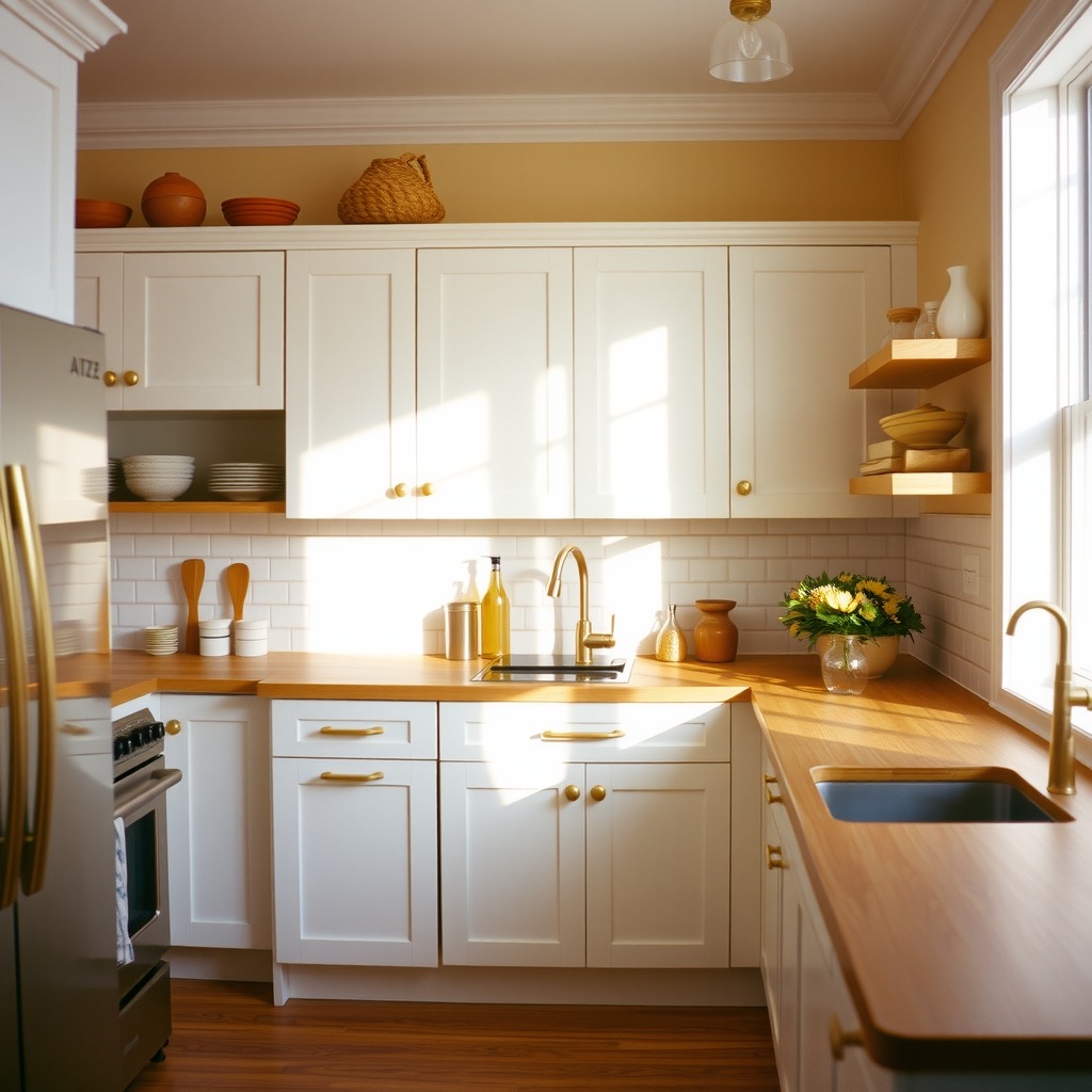 Finished kitchen with white cabinets and butcher block