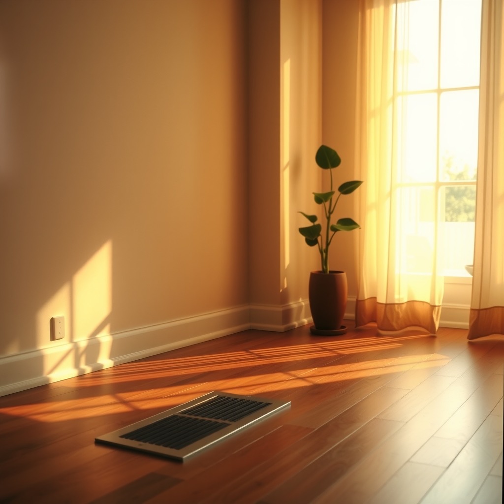 Warm sunlight across a wood floor and a floor vent