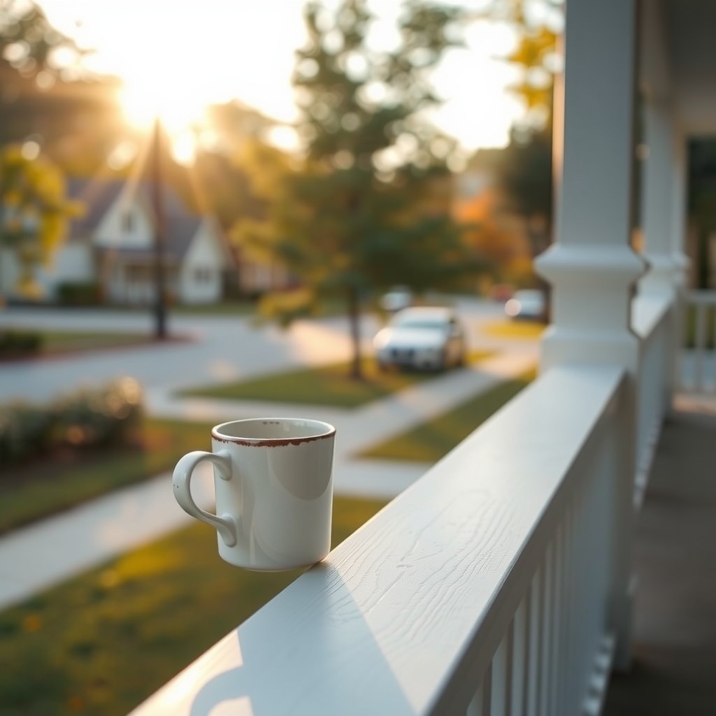 A porch railing with a coffee cup, morning light on the street beyond