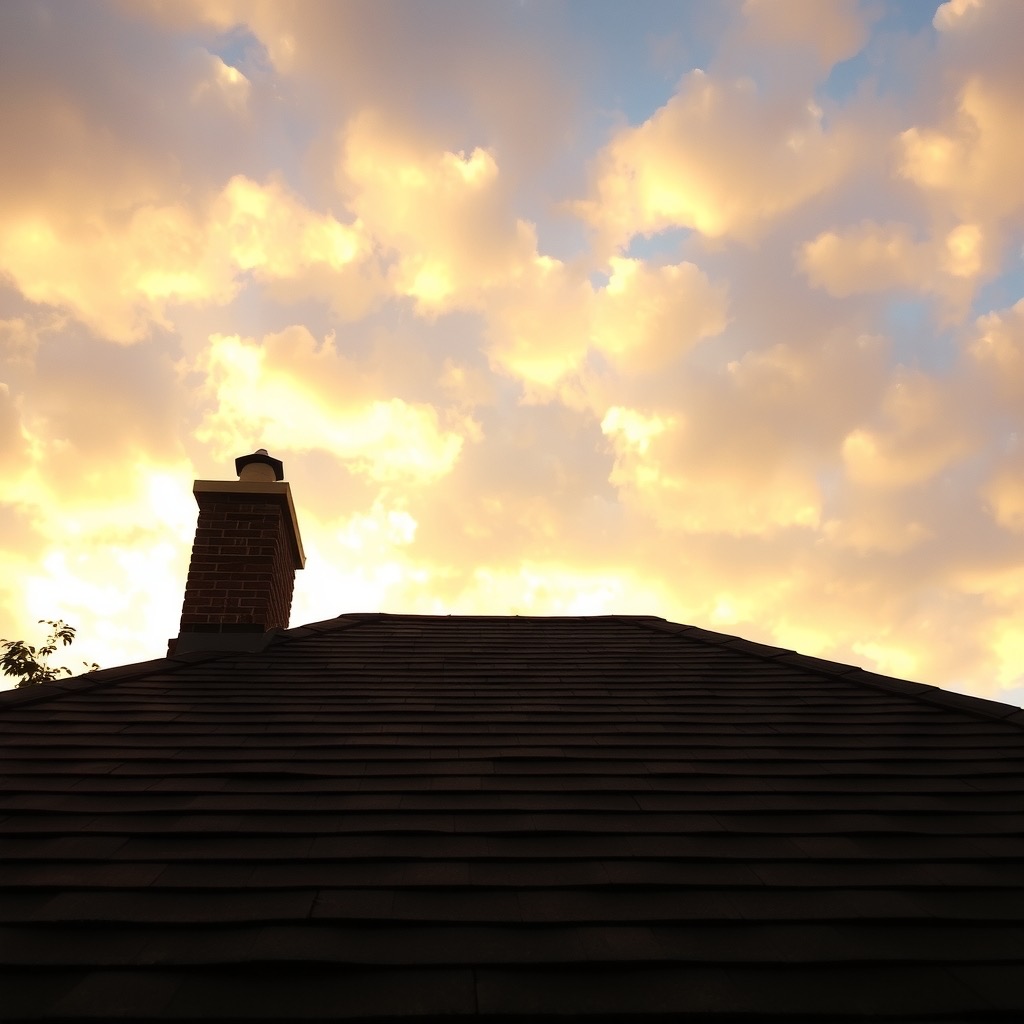 A shingled roof ridge and chimney against an evening sky