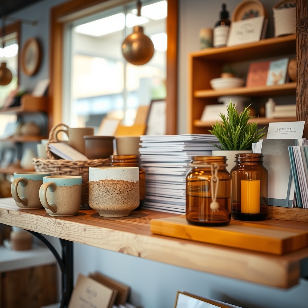 A shop shelf of ceramics, candles, and small good things