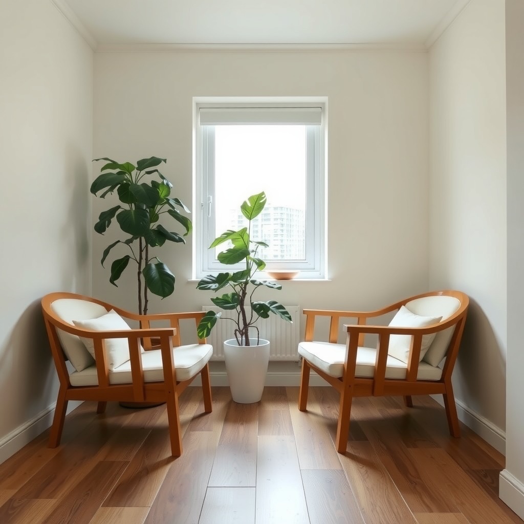 The waiting room corner: two good chairs, a plant, and the morning light