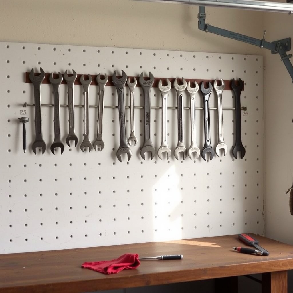 Wrenches hung by size over the workbench